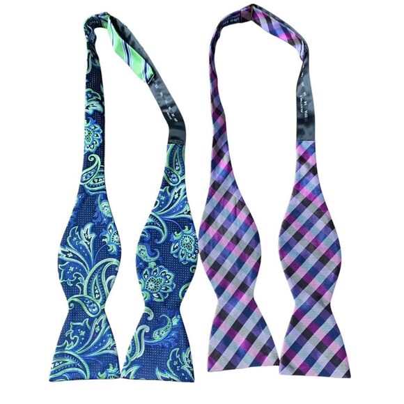 The Tie Bar Set of 2 Silk Bow Ties Men's Stain Resistant Adjustable Multi-Color - Picture 7 of 11